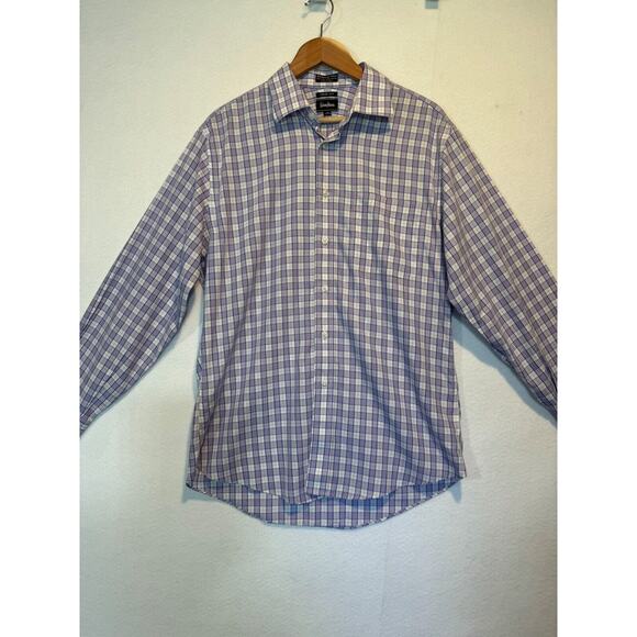 Neiman Marcus Mens Medium Purple Plaid Trim Fit Cotton Button Up Shirt 16 32/33 - Picture 2 of 12